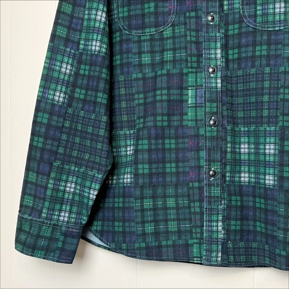 J. Crew Garment Dyed Corduroy Workshirt Large blue green plaid shirt shacket‎